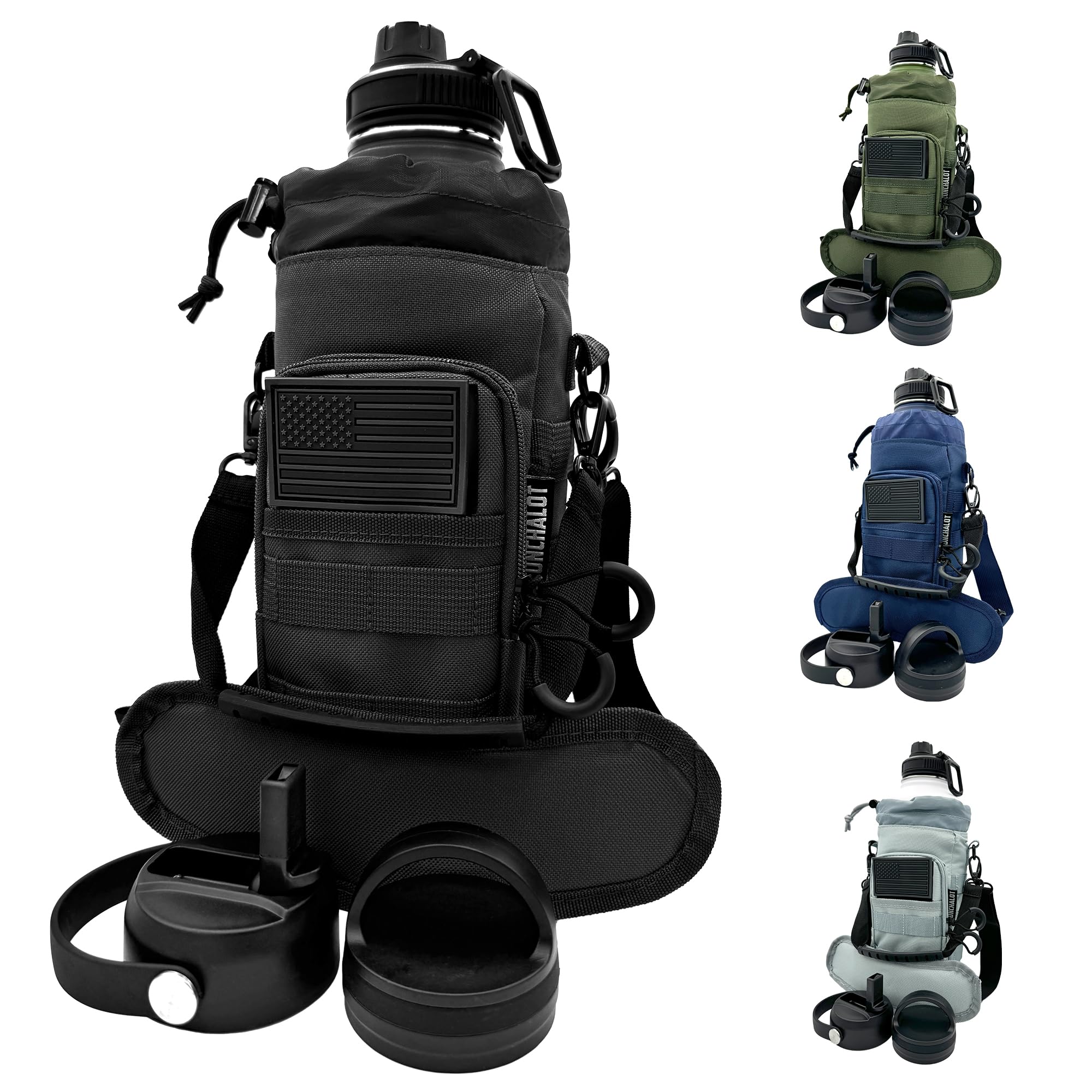 1 Gallon Water Bottle - 128 Oz Insulated Stainless Steel Metal Water Bottle with Holder - Carrying Bag - Spout Handle - Straw Lids - Keep Cold & Hot - Black Tactical Flask