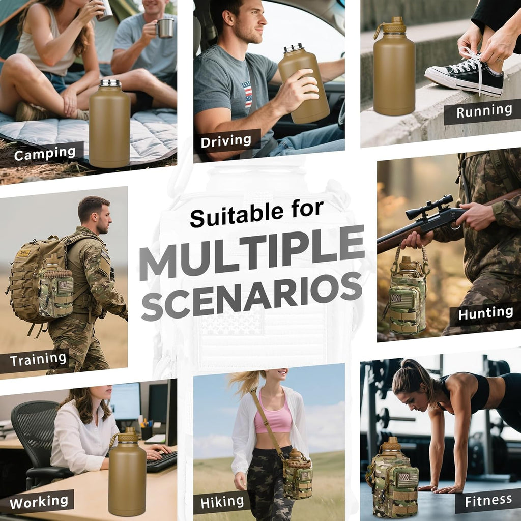 Half Gallon Water Bottle Insulated with Sleeve - Tactical 64 oz Stainless Steel Water Jug with MOLLE Water Bottle Pouch, Gym Water Bottles for Men Hiking Workout (CP Camo)