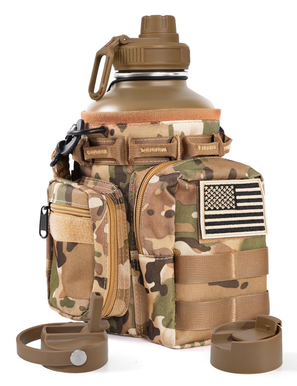 Tactical Half Gallon Water Bottle with Straw, 64 Oz Insulated Water Jug with Molle Water Bottle Holder, Stainless Steel Sport Bottle with 3 BPA Free Lids for Gym Workout Hiking (Black)