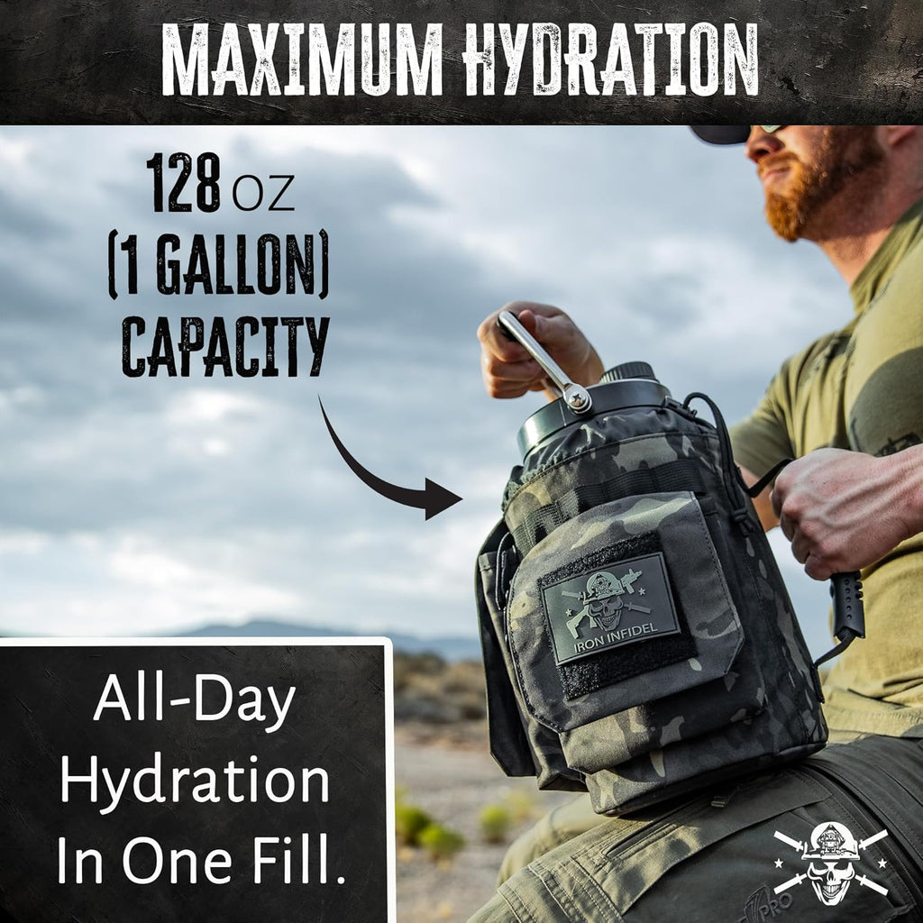 Iron Infidel Battle Bottle - One Gallon Insulated Water Bottle with Dual Carry Handles - 128 oz Tactical Stainless Steel Water Jug & Rugged Extra Large Sleeve with Storage (Black Camo 128 Ounces)