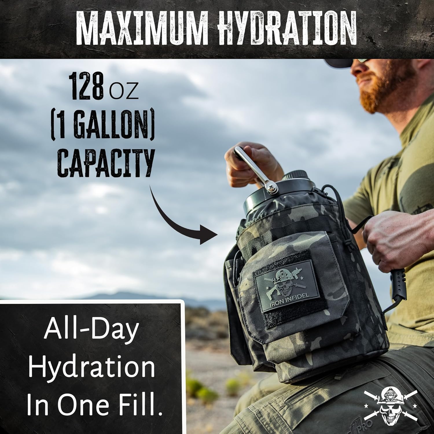 Iron Infidel Battle Bottle - One Gallon Insulated Water Bottle with Dual Carry Handles - 128 oz Tactical Stainless Steel Water Jug & Rugged Extra Large Sleeve with Storage (Black Camo 128 Ounces)