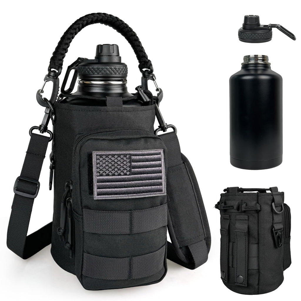 Half Gallon Water Bottle Insulated with Sleeve - Tactical 64 oz Stainless Steel Water Jug with MOLLE Water Bottle Pouch, Gym Water Bottles for Men Hiking Workout (CP Camo)