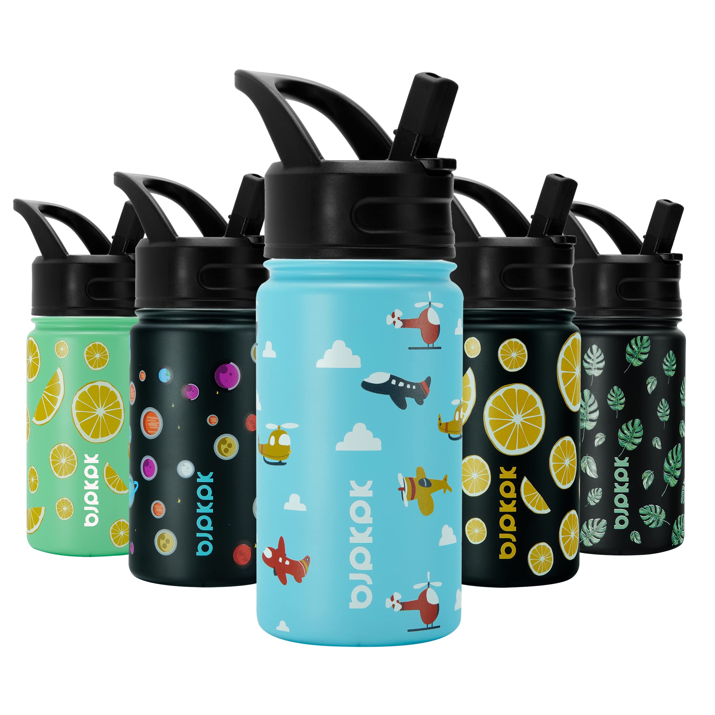 BJPKPK Insulated Water Bottles with Straw Lid, 18oz Stainless Steel Metal Water Bottle, Cold Hot Thermo with 3 Lids, Leak Proof BPA Free Travel Cup, Wide Mouth Flasks, Thermo -Mint