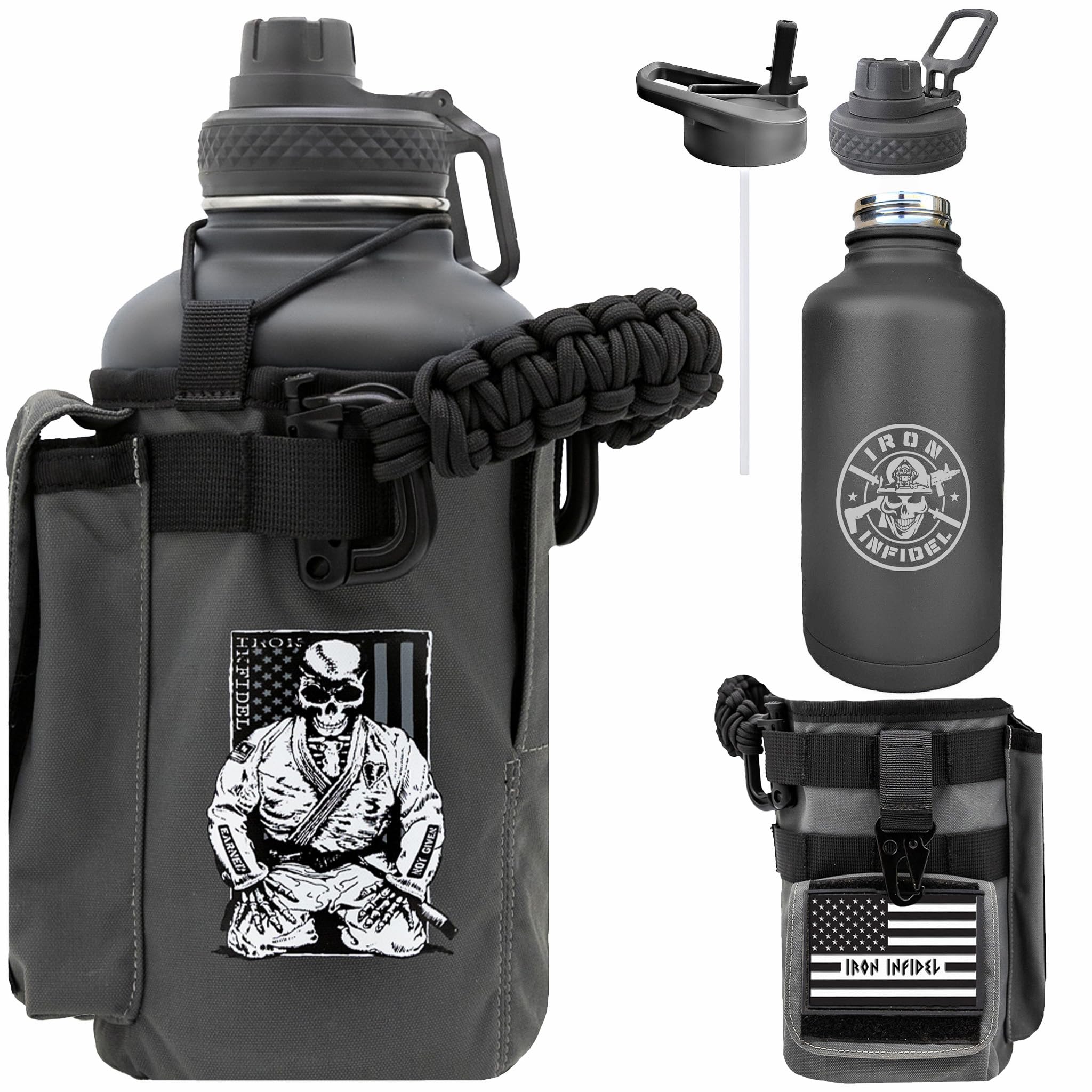 Iron Infidel Battle Bottle - One Gallon Insulated Water Bottle with Dual Carry Handles - 128 oz Tactical Stainless Steel Water Jug & Rugged Extra Large Sleeve with Storage (Black Camo 128 Ounces)