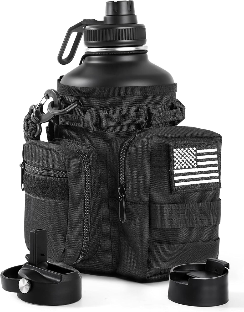 Tactical Half Gallon Water Bottle with Straw, 64 Oz Insulated Water Jug with Molle Water Bottle Holder, Stainless Steel Sport Bottle with 3 BPA Free Lids for Gym Workout Hiking (Black)