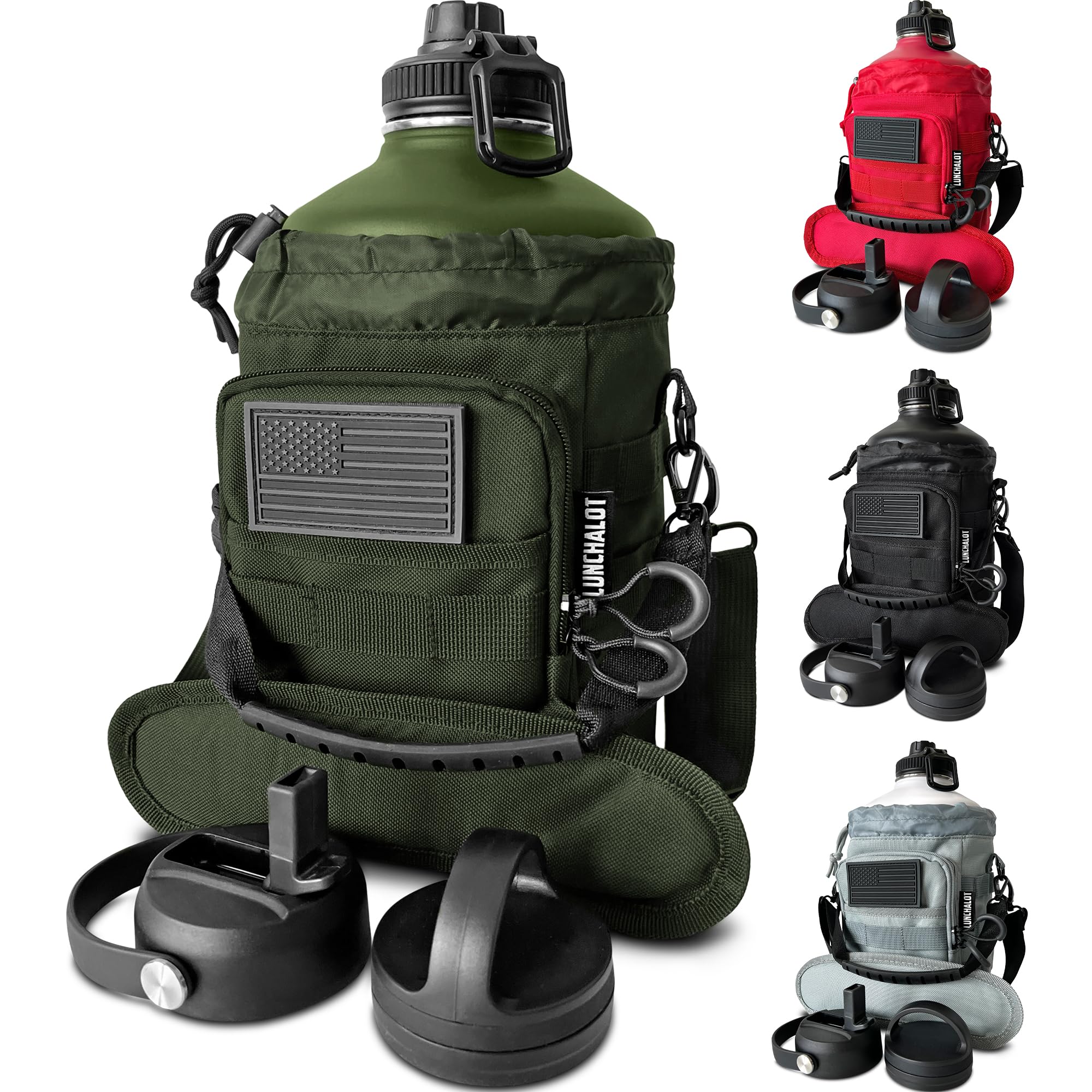 1 Gallon Water Bottle - 128 Oz Insulated Stainless Steel Metal Water Bottle with Holder - Carrying Bag - Spout Handle - Straw Lids - Keep Cold & Hot - Black Tactical Flask