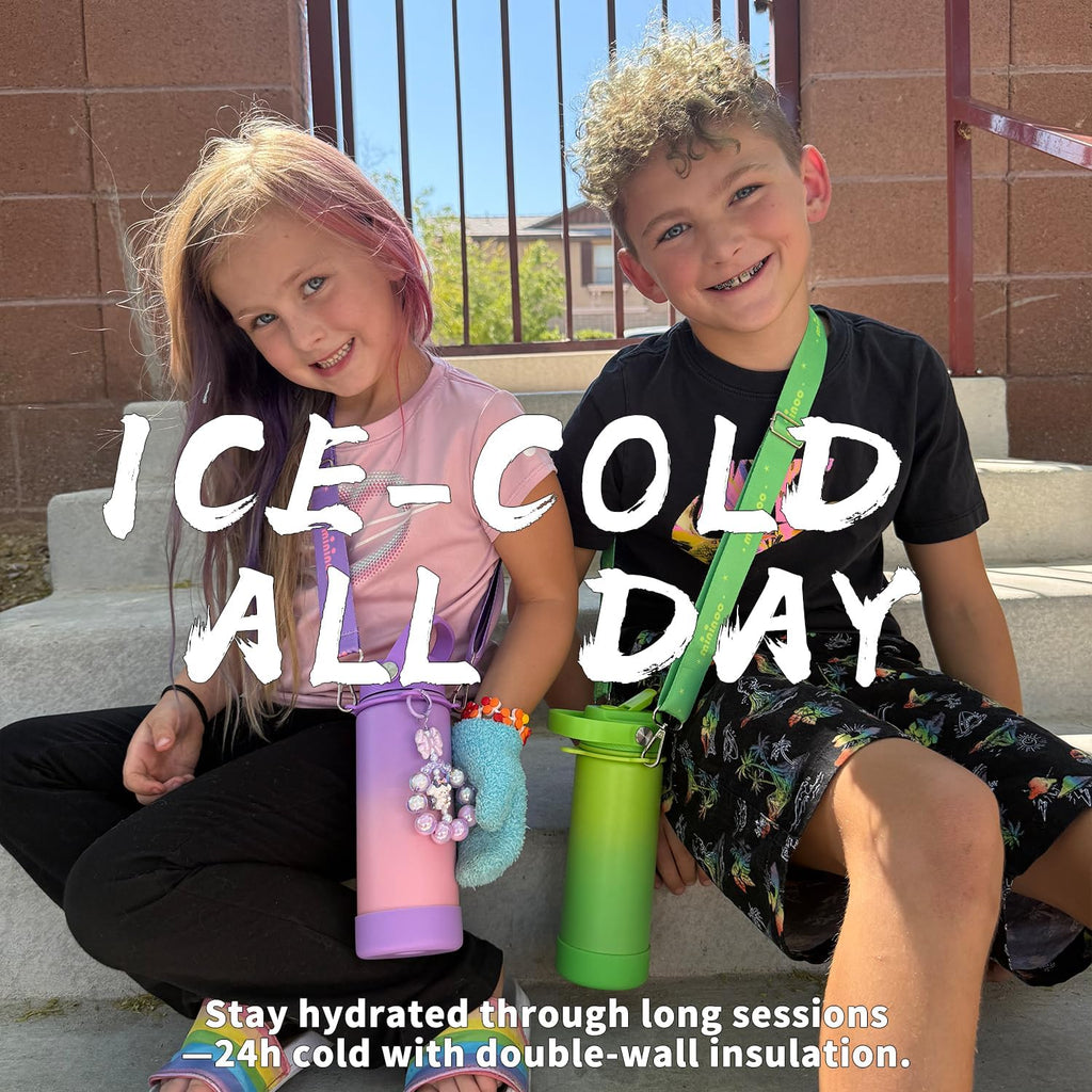 Mininoo Insulated Stainless Steel Kids Water Bottle for School with Straw Lid & Strap, 50 Stickers, 18 oz(Purple/Pink)