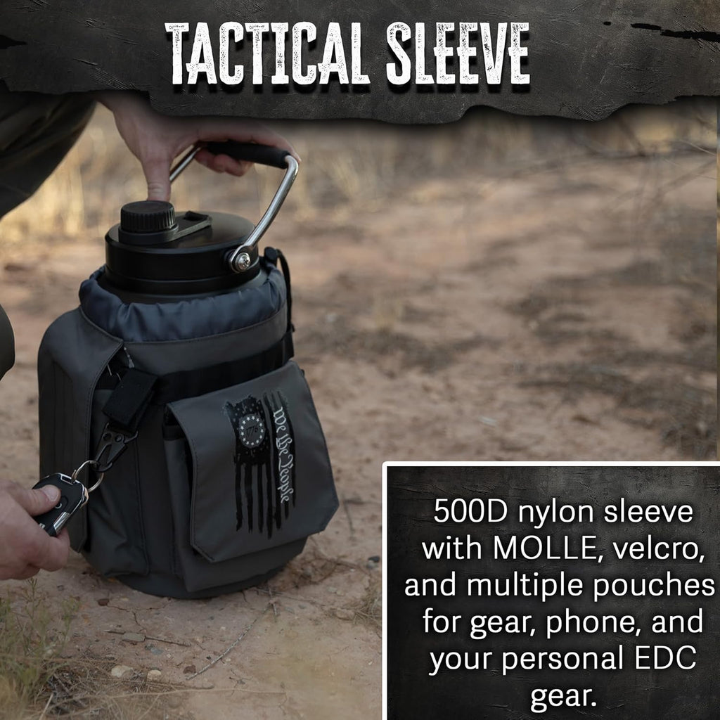 Iron Infidel Battle Bottle - One Gallon Insulated Water Bottle with Dual Carry Handles - 128 oz Tactical Stainless Steel Water Jug & Rugged Extra Large Sleeve With Storage (Betsy 128 Ounces)