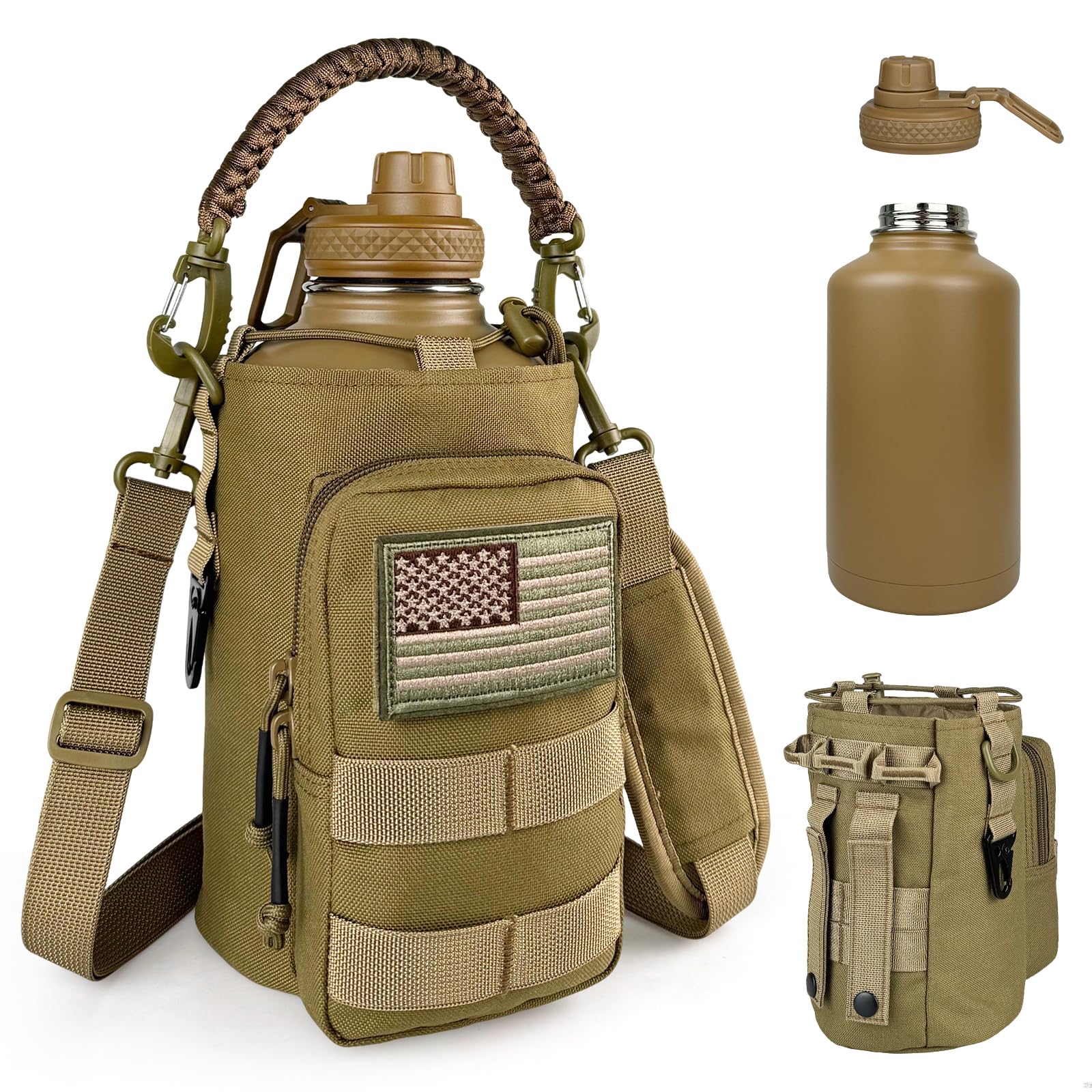 Half Gallon Water Bottle Insulated with Sleeve - Tactical 64 oz Stainless Steel Water Jug with MOLLE Water Bottle Pouch, Gym Water Bottles for Men Hiking Workout (CP Camo)