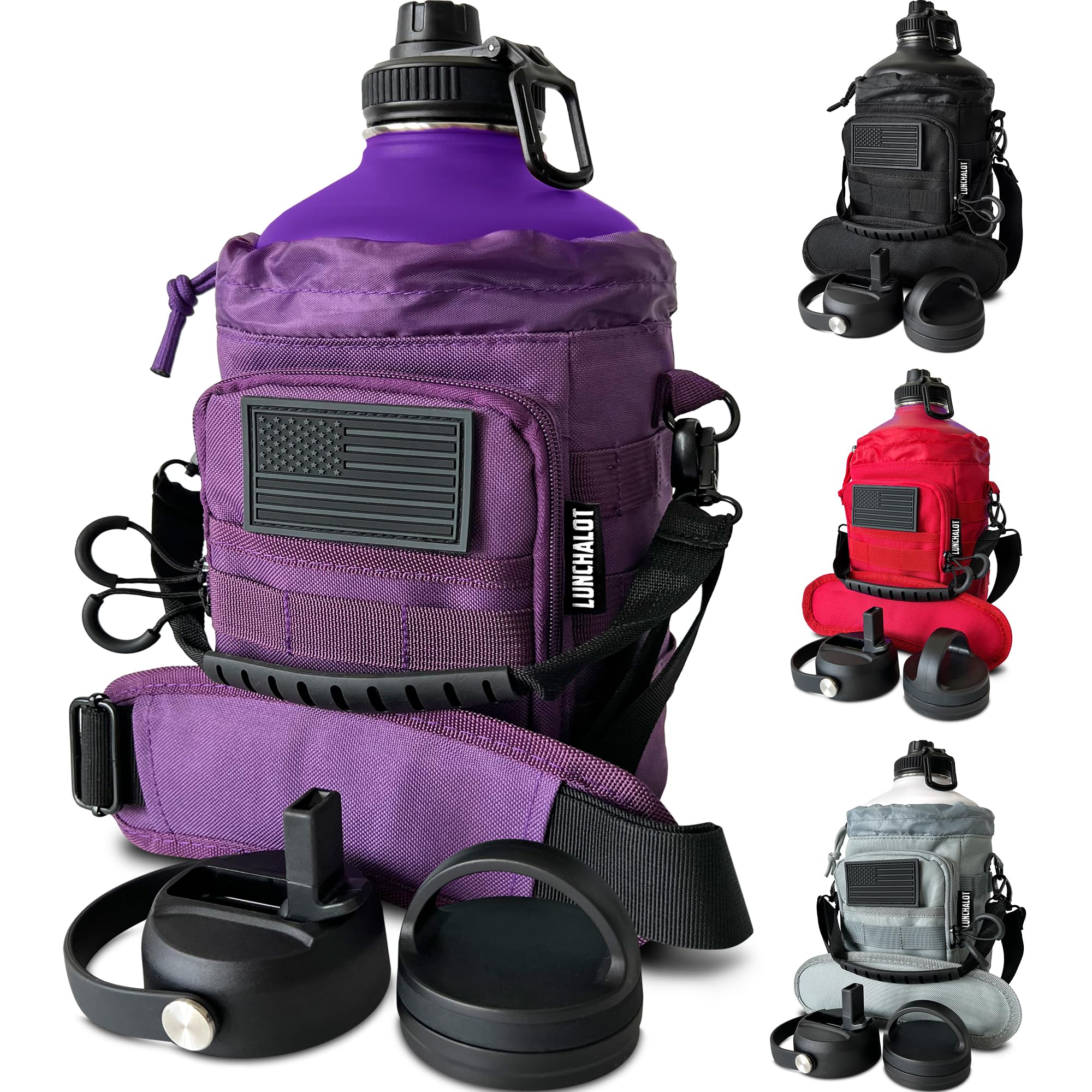 1 Gallon Water Bottle - 128 Oz Insulated Stainless Steel Metal Water Bottle with Holder - Carrying Bag - Spout Handle - Straw Lids - Keep Cold & Hot - Black Tactical Flask