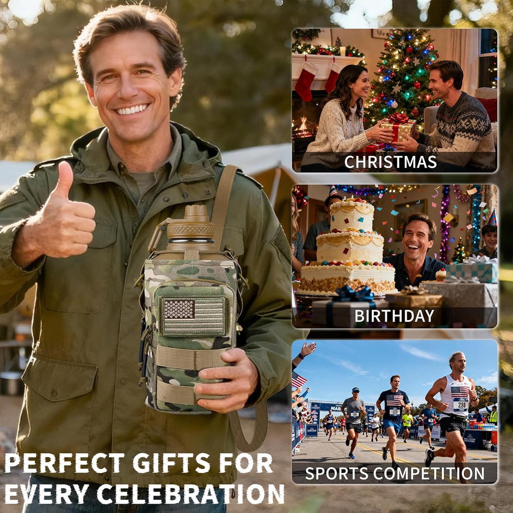 Half Gallon Water Bottle Insulated with Sleeve - Tactical 64 oz Stainless Steel Water Jug with MOLLE Water Bottle Pouch, Gym Water Bottles for Men Hiking Workout (CP Camo)