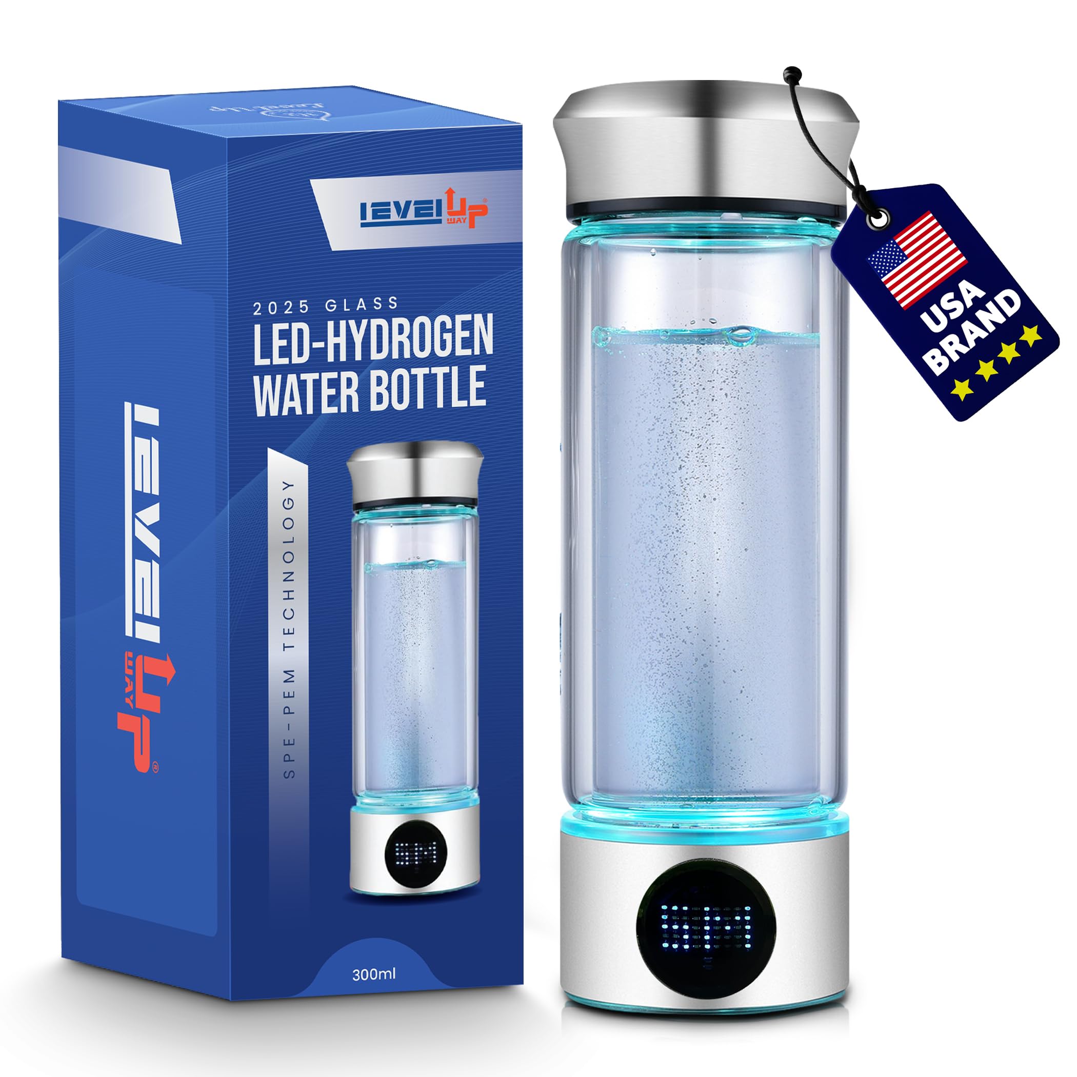 LevelUpWay 2025 Hydrogen Water Bottle Generator with SPE PEM Technology– Up to 4000 PPB – Dual Chamber – 250ml – (White) – Enhanced Hydration Solution