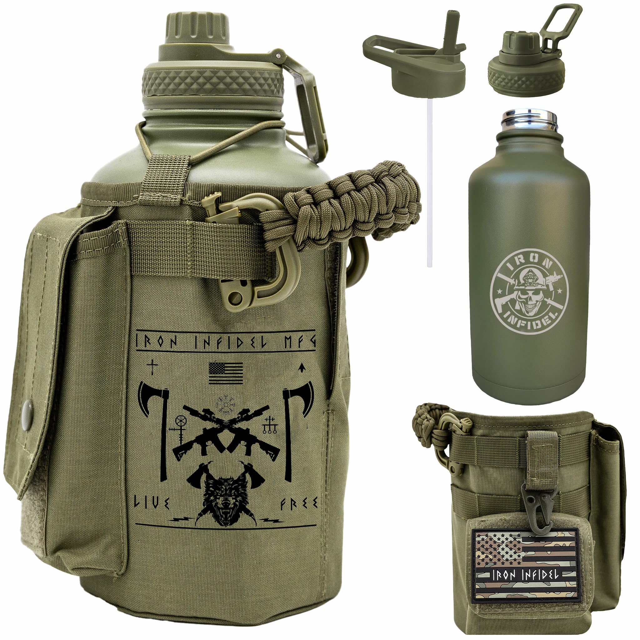 Iron Infidel Battle Bottle - One Gallon Insulated Water Bottle with Dual Carry Handles - 128 oz Tactical Stainless Steel Water Jug & Rugged Extra Large Sleeve With Storage (Betsy 128 Ounces)