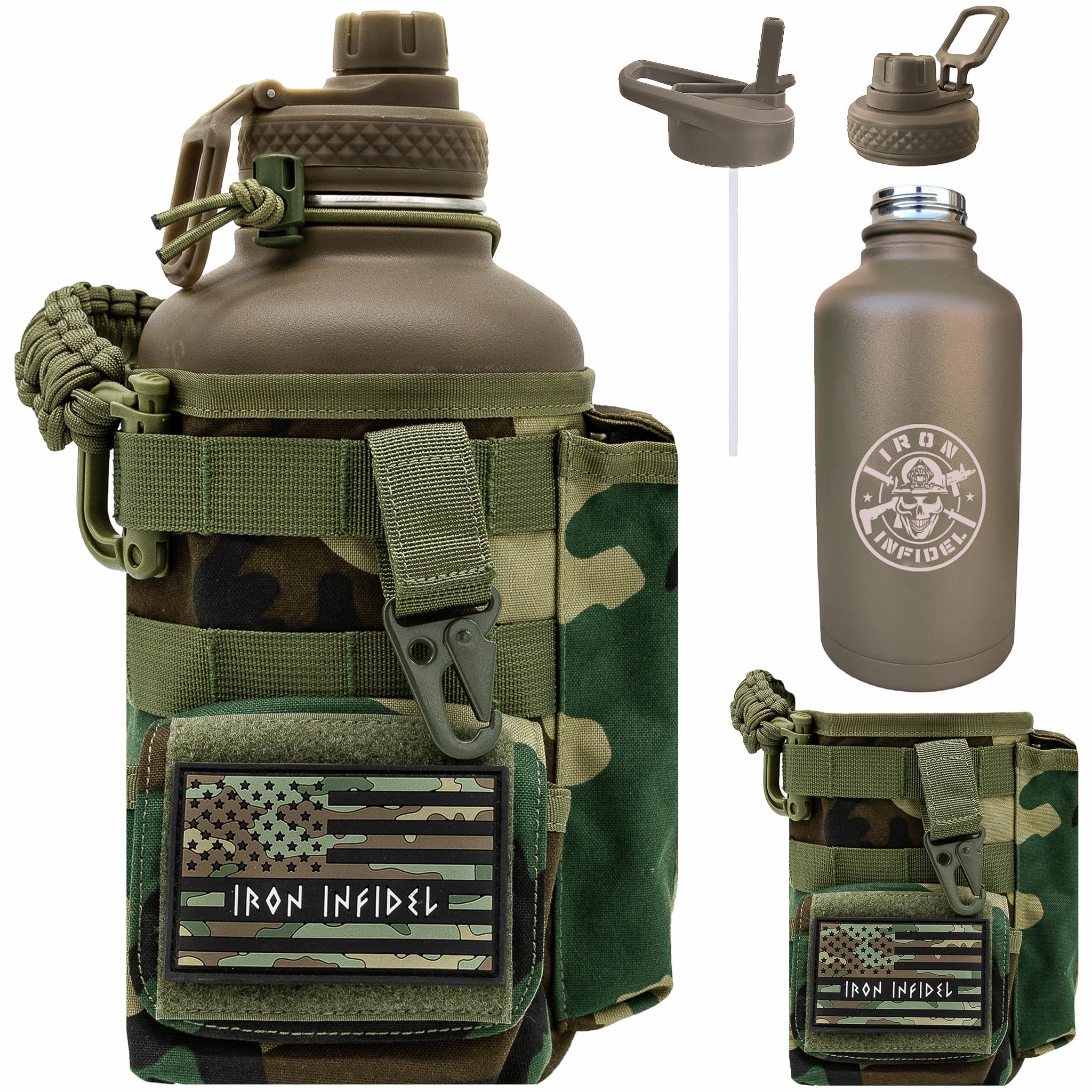 Iron Infidel Battle Bottle - Half Gallon Insulated Water Bottle with Paracord Handle - Large 64 oz Stainless Steel Water Jug & Rugged, Removable Sleeve For Keys, Wallet, Phone (OCP Camo 2 Liter)