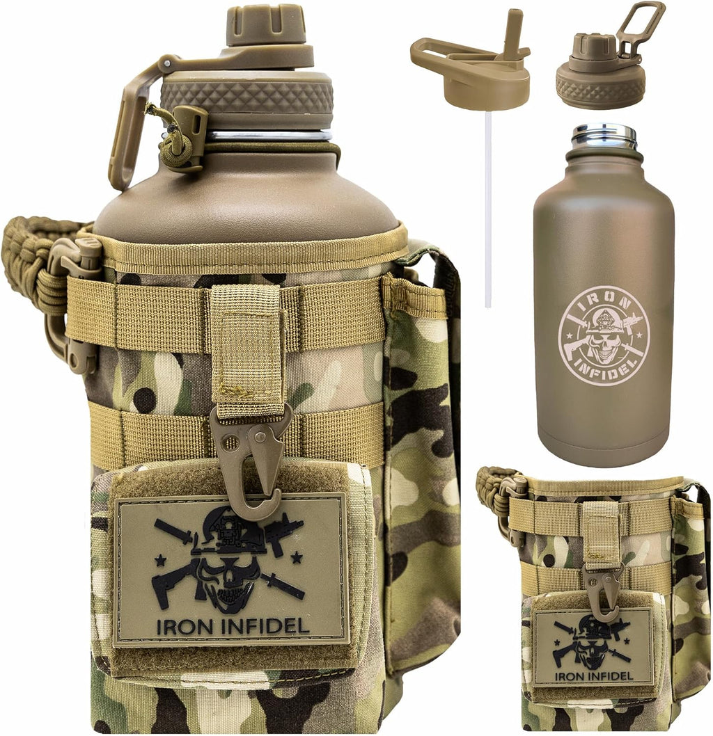 Iron Infidel Battle Bottle - Half Gallon Insulated Water Bottle with Paracord Handle - Large 64 oz Stainless Steel Water Jug & Rugged, Removable Sleeve For Keys, Wallet, Phone (OCP Camo 2 Liter)