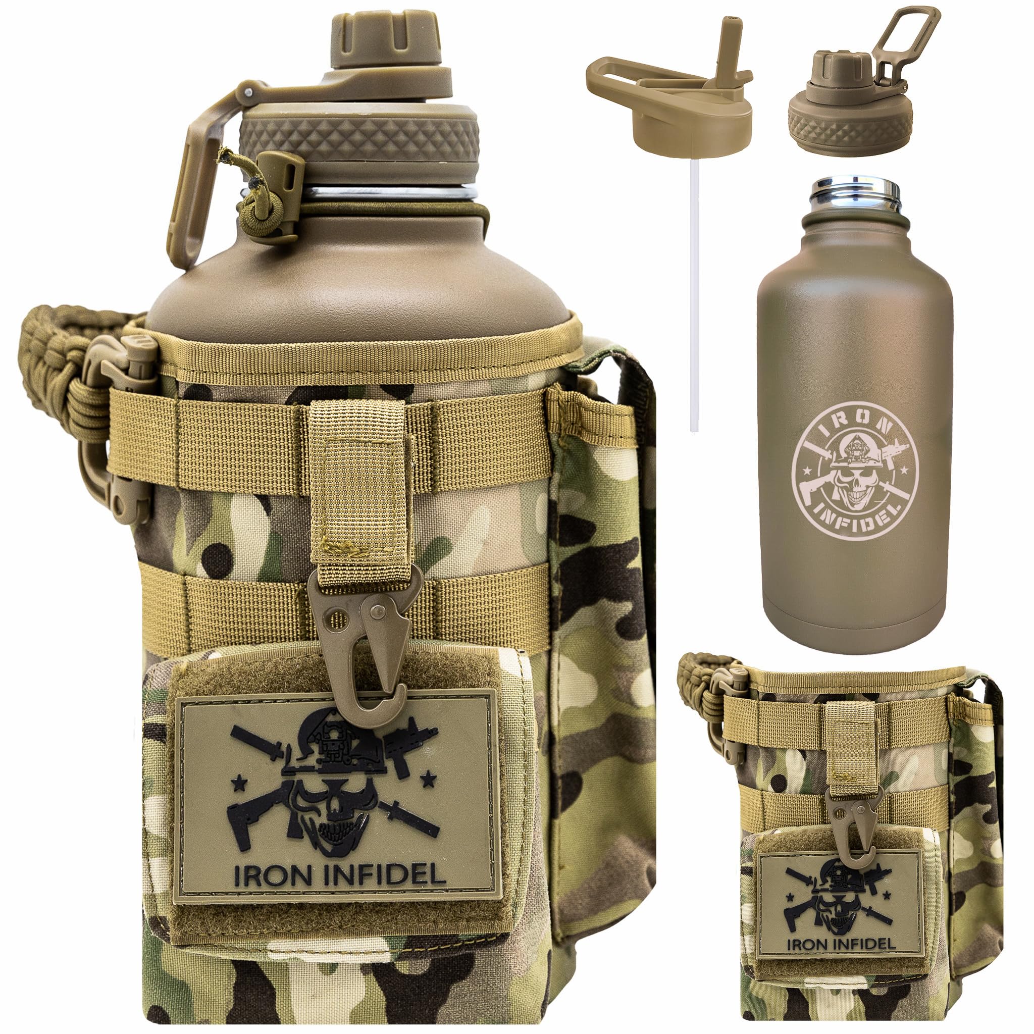 Iron Infidel Battle Bottle - One Gallon Insulated Water Bottle with Dual Carry Handles - 128 oz Tactical Stainless Steel Water Jug & Rugged Extra Large Sleeve with Storage (Black Camo 128 Ounces)