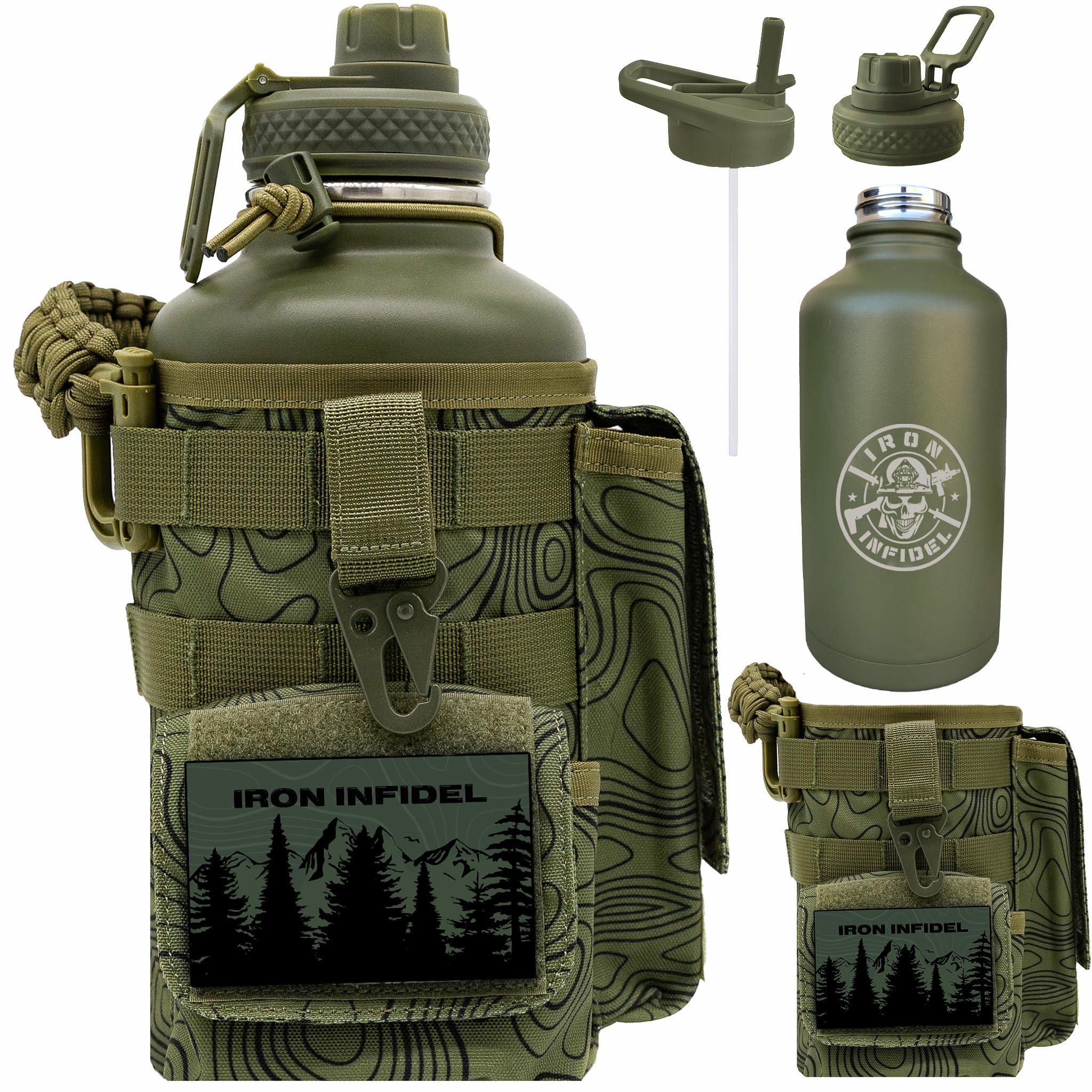 Iron Infidel Battle Bottle - One Gallon Insulated Water Bottle with Dual Carry Handles - 128 oz Tactical Stainless Steel Water Jug & Rugged Extra Large Sleeve with Storage (Black Camo 128 Ounces)