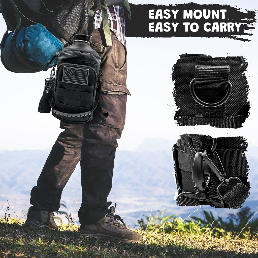 1 Gallon Water Bottle - 128 Oz Insulated Stainless Steel Metal Water Bottle with Holder - Carrying Bag - Spout Handle - Straw Lids - Keep Cold & Hot - Black Tactical Flask